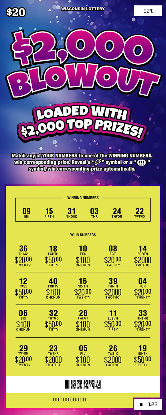 $2,000 Blowout WI Scratch Game - Scratched Wisconsin Scratch Game, $2,000 Blowout purple and pink gradient background with pink, white, and green text, revealed.