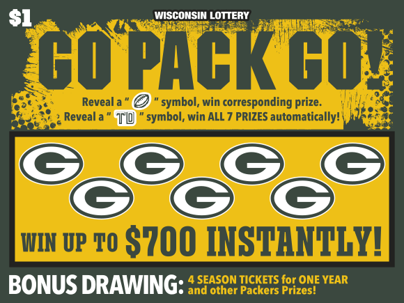 Go Pack Go WI Scratch Game Wisconsin Scratch Game, Go Pack Go green and gold background with green text.