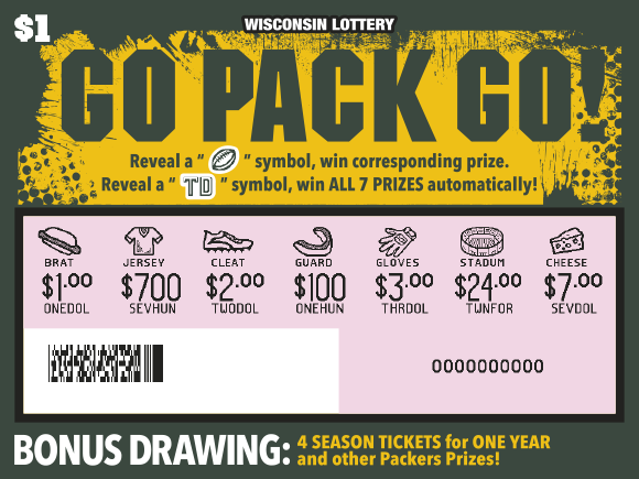 Go Pack Go WI Scratch Game - Revealed Wisconsin Scratch Game, Go Pack Go green and gold background with green text, revealed.