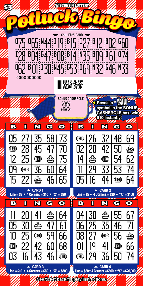 Wisconsin Scratch Game, Potluck Bingo red and white checkered background with food items and a casserole dish, revealed.