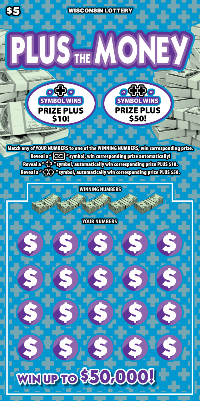 Plus the Money WI Scratch Game Wisconsin Scratch Game, Plus the Money blue background with white and purple text.