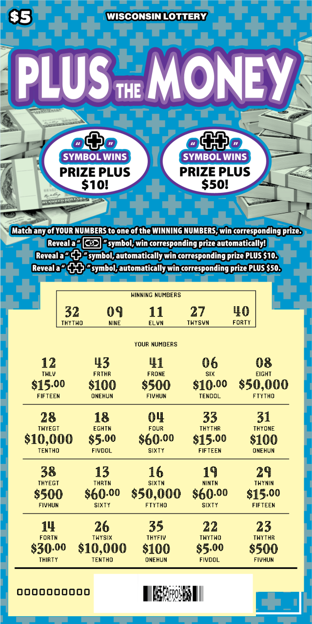 Plus the Money WI Scratch Game - Scratched Wisconsin Scratch Game, Plus the Money blue background with white and purple text, revealed.