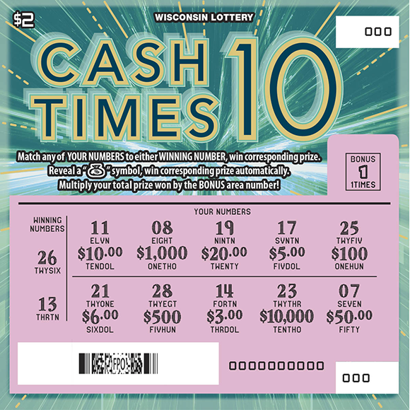 Cash Times 10 WI Scratch Game - Scratched Wisconsin Scratch Game, Cash Times 10 teal burst background with gold and turquoise text, scratched.