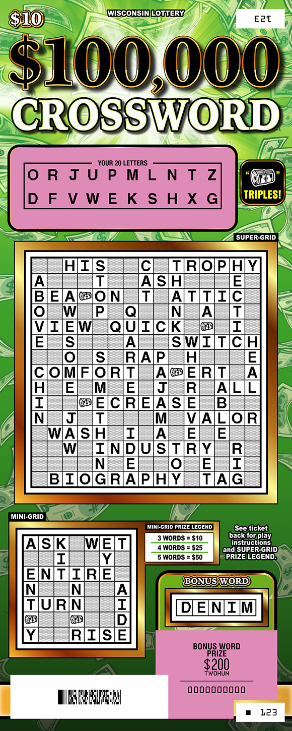 $100,000 Crossword WI Scratch Game - Scratched Wisconsin Scratch Game, $100,000 Crossword green money background with black and white text, scratched.