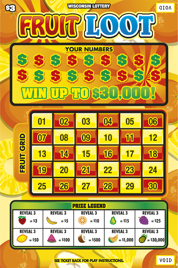 Fruit Loot WI Scratch Game Wisconsin Scratch Game, Fruit Loot variety of orange and yellow fruit background with red, blue, yellow, and green text.