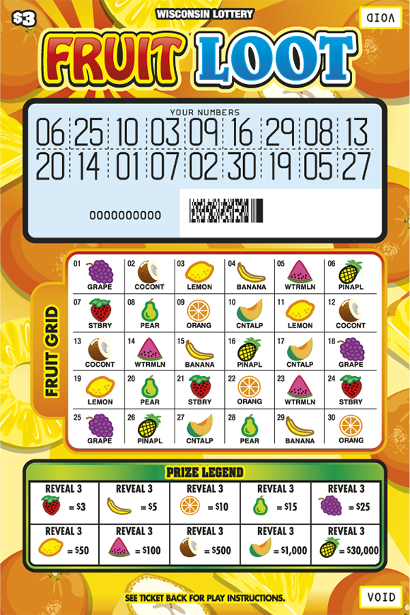 Fruit Loot WI Scratch Game - Scratched Wisconsin Scratch Game, Fruit Loot variety of orange and yellow fruit background with red, blue, yellow, and green text, scratched.
