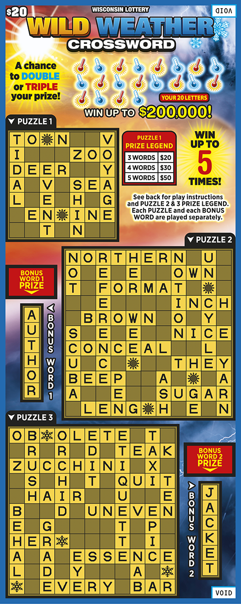 Wild Weather Crossword WI Scratch Game Wisconsin Scratch Game, Wild Weather Crossword sunny sky and snowy weather background with yellow, blue, and white text.