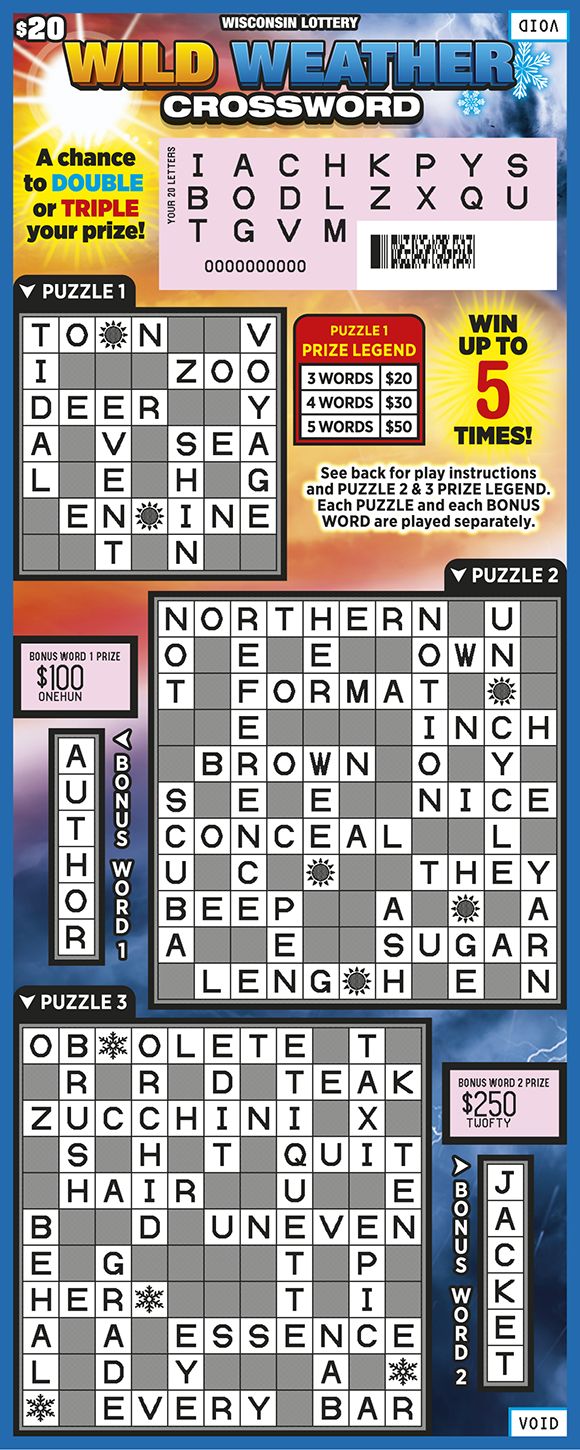 Wild Weather Crossword WI Scratch Game - Scratched Wisconsin Scratch Game, Wild Weather Crossword sunny sky and snowy weather background with yellow, blue, and white text, scratched.