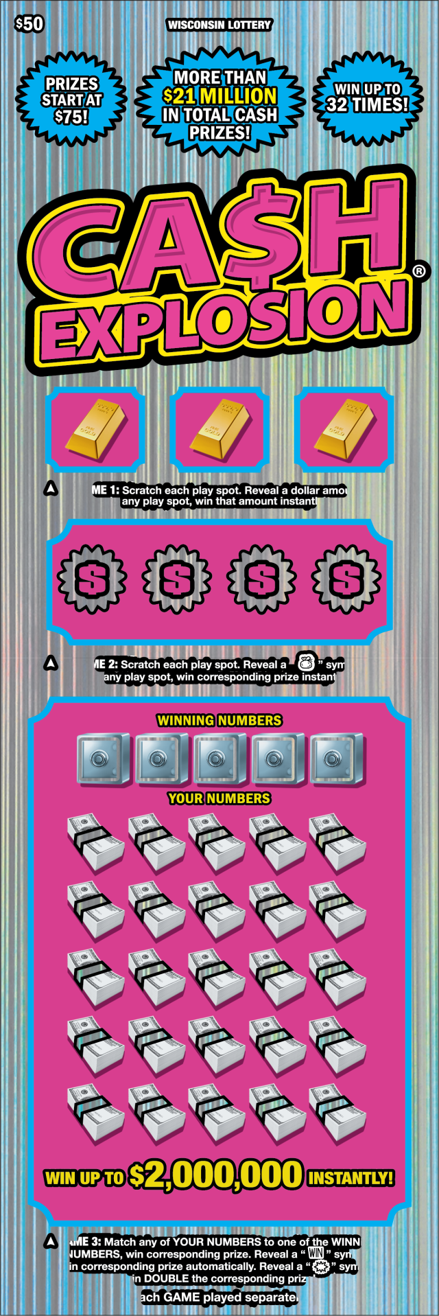 Cash Explosion WI Scratch Game Wisconsin Scratch Game, Cash Explosion silver holographic background with pink text.