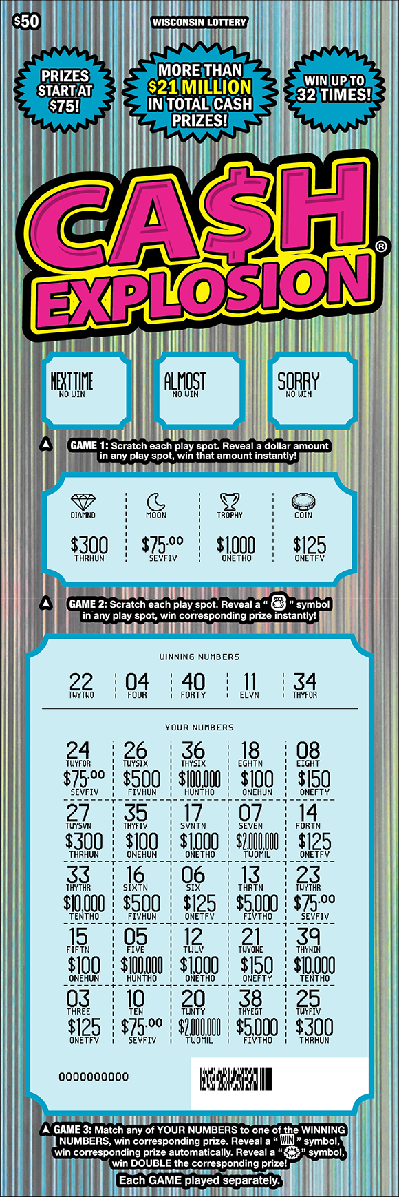 Cash Explosion WI Scratch Game - Scratched Wisconsin Scratch Game, Cash Explosion silver holographic background with pink text, scratched.