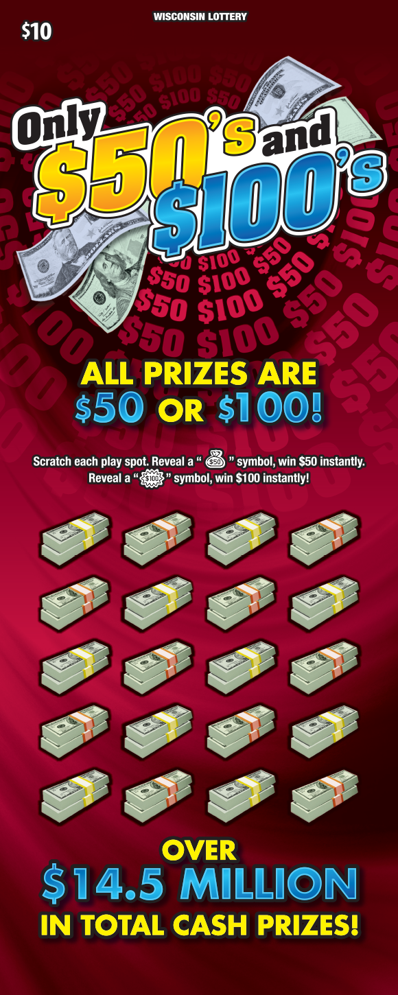 Only $50s and $100s WI Scratch Game Wisconsin Scratch Game, Only $50s and $100s red background with yellow and blue text.