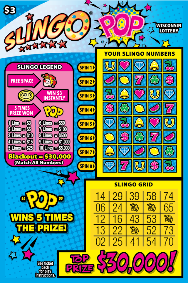 Slingo Pop WI Scratch Game Wisconsin Scratch Game, Slingo Pop ticket art.