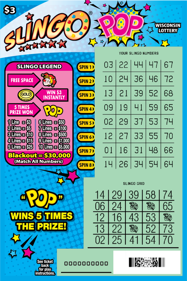 Slingo Pop WI Scratch Game - Scratched Wisconsin Scratch Game, Slingo Pop ticket art, scratched.