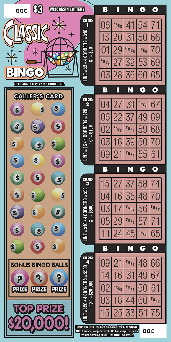 Classic Bingo WI Scratch Game Wisconsin Scratch Game, Classic Bingo ticket art.