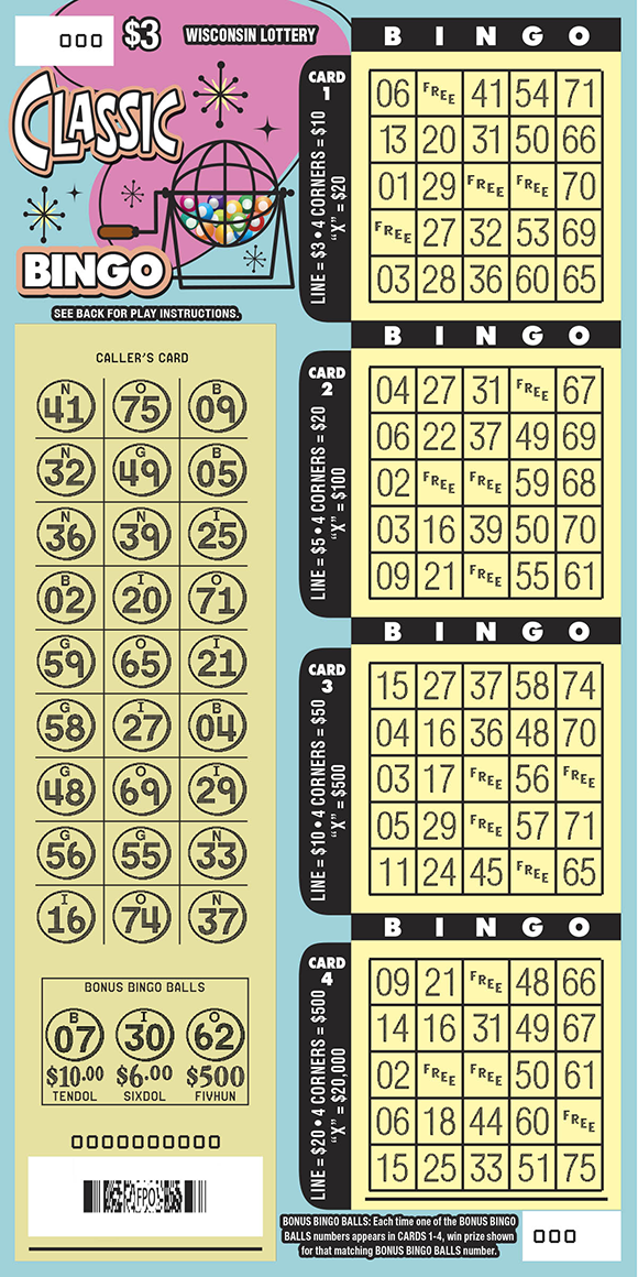 Classic Bingo WI Scratch Game - Scratched Wisconsin Scratch Game, Classic Bingo ticket art, scratched.