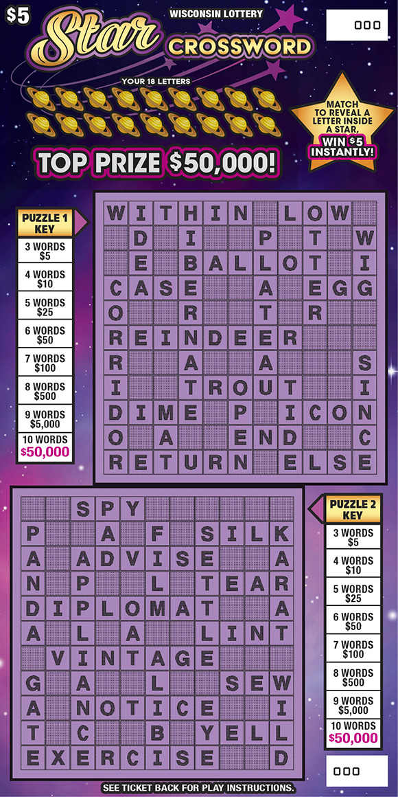 Star Crossword WI Scratch Game Wisconsin Scratch Game, Star Crossword ticket art.