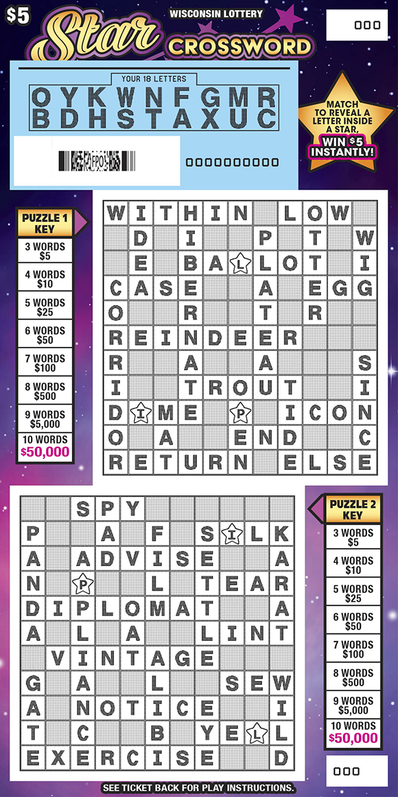 Star Crossword WI Scratch Game - Scratched Wisconsin Scratch Game, Star Crossword ticket art, scratched.