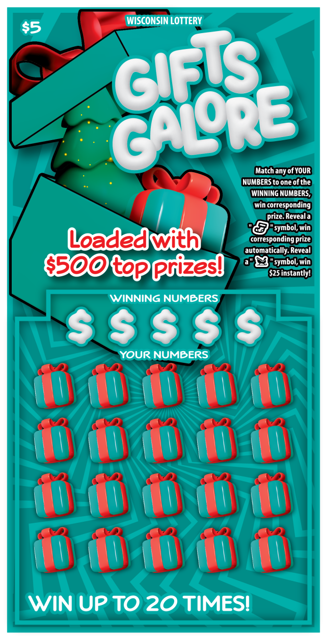 Gifts Galore WI Scratch Game Wisconsin Scratch Game, Gifts Galore ticket art.