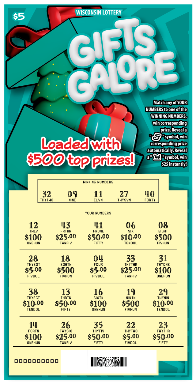 Gifts Galore WI Scratch Game - Scratched Wisconsin Scratch Game, Gifts Galore ticket art, scratched.
