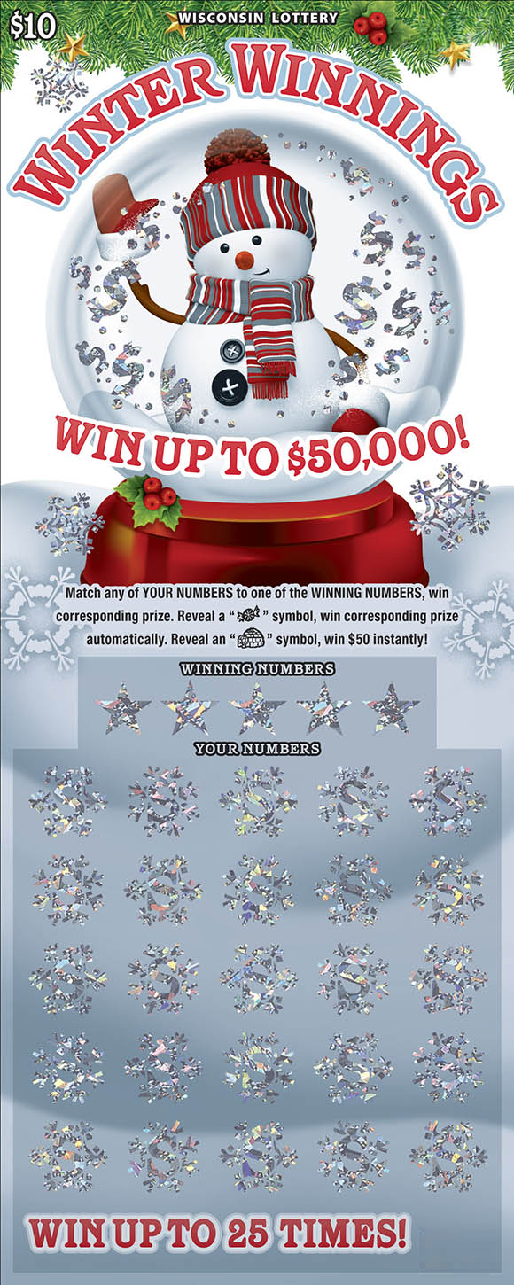 Winter Winnings WI Scratch Game Wisconsin Scratch Game, Winter Winnings ticket art.