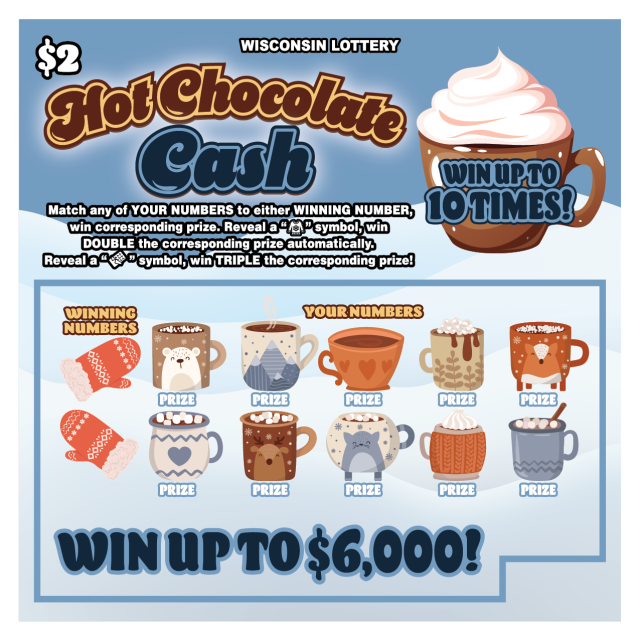 Hot Chocolate Cash WI Scratch Game Wisconsin Scratch Game, Hot Chocolate Cash ticket art.