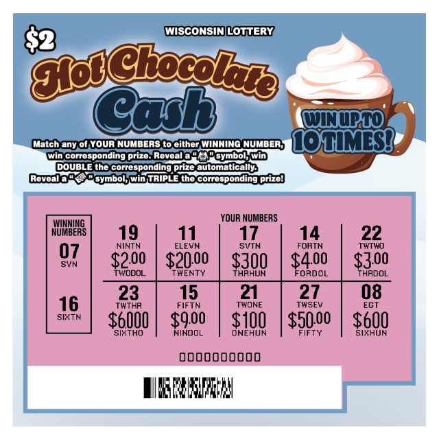 Hot Chocolate Cash WI Scratch Game - Scratched Wisconsin Scratch Game, Hot Chocolate Cash ticket art, scratched.