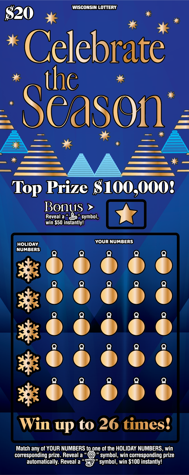 Celebrate the Season WI Scratch Game Wisconsin Scratch Game, Celebrate the Season ticket art.