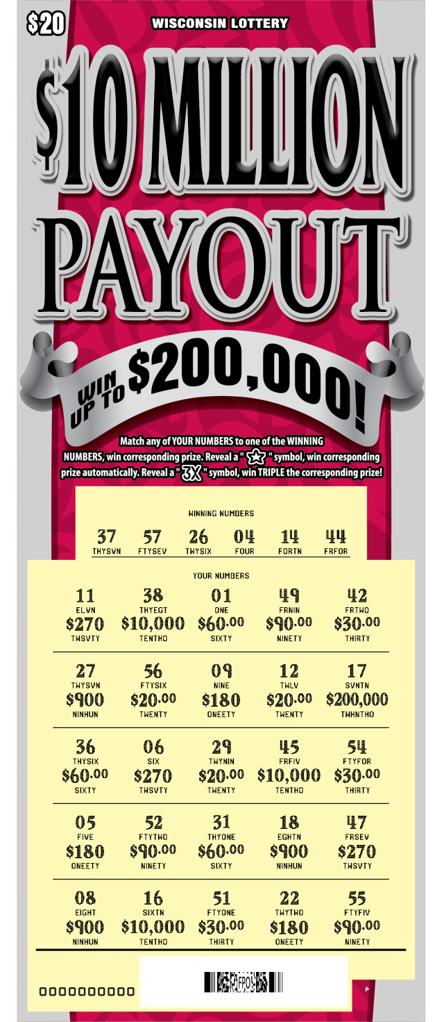 $10 Million Payout WI Scratch Game - Scratched Wisconsin Scratch Game, $10 Million Payout ticket art, scratched.