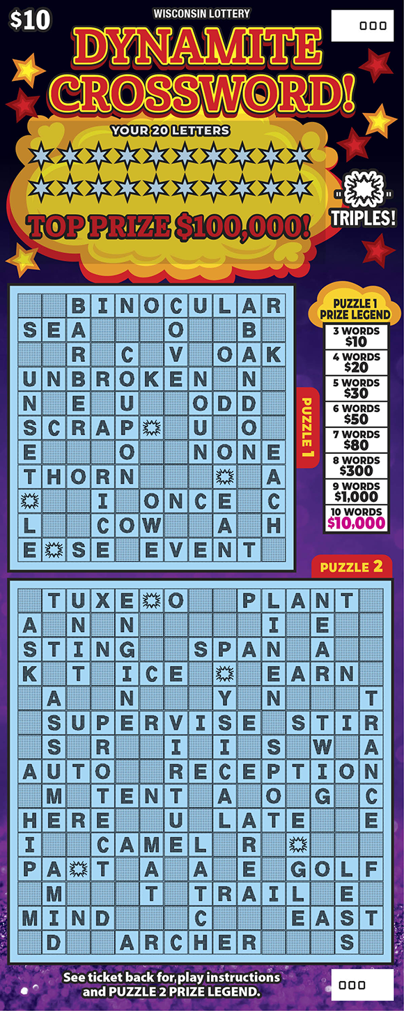 Dynamite Crossword WI Scratch Game Wisconsin Scratch Game, Dynamite Crossword ticket art.