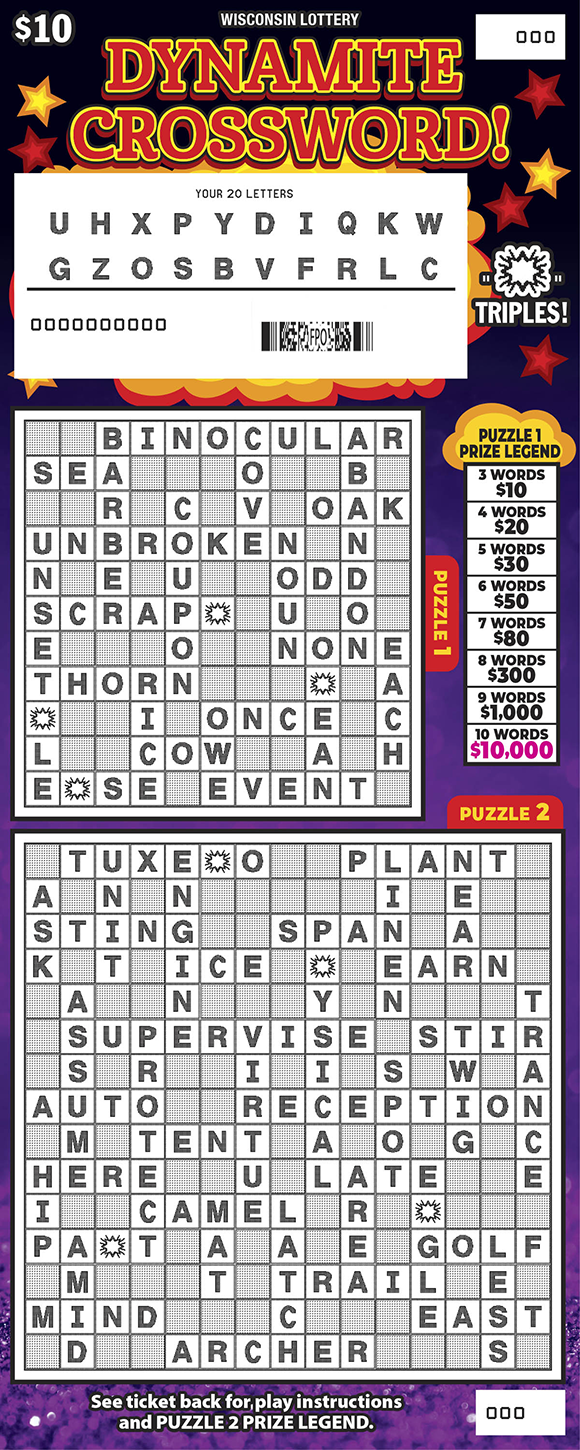 Dynamite Crossword WI Scratch Game - Scratched Wisconsin Scratch Game, Dynamite Crossword ticket art, scratched.