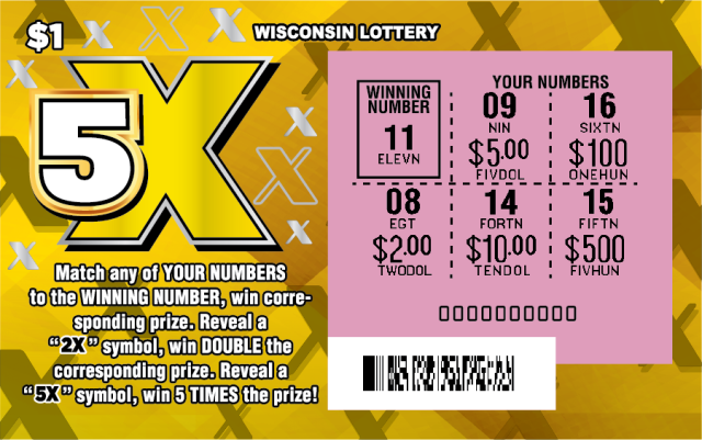 5X WI Scratch Game - Scratched Wisconsin Scratch Game, 5X ticket art, scratched.