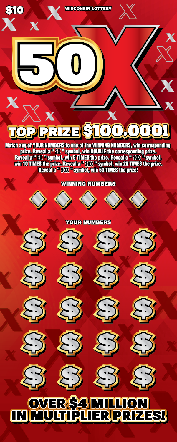 50X WI Scratch Game Wisconsin Scratch Game, 50X ticket art.
