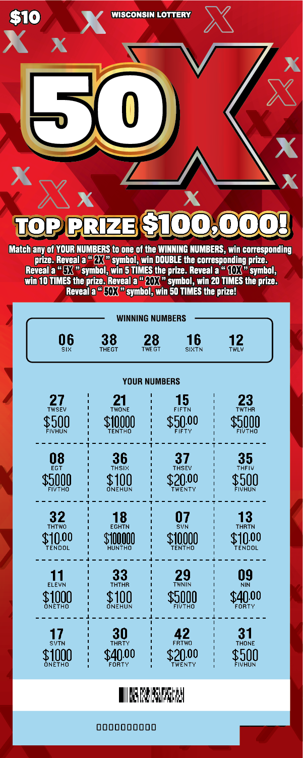 50X WI Scratch Game - Scratched Wisconsin Scratch Game, 50X ticket art, scratched.
