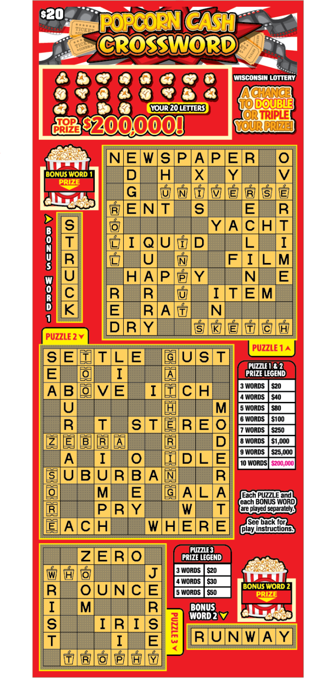 Popcorn Cash Crossword WI Scratch Game Wisconsin Scratch Game, Popcorn Cash Crossword ticket art.