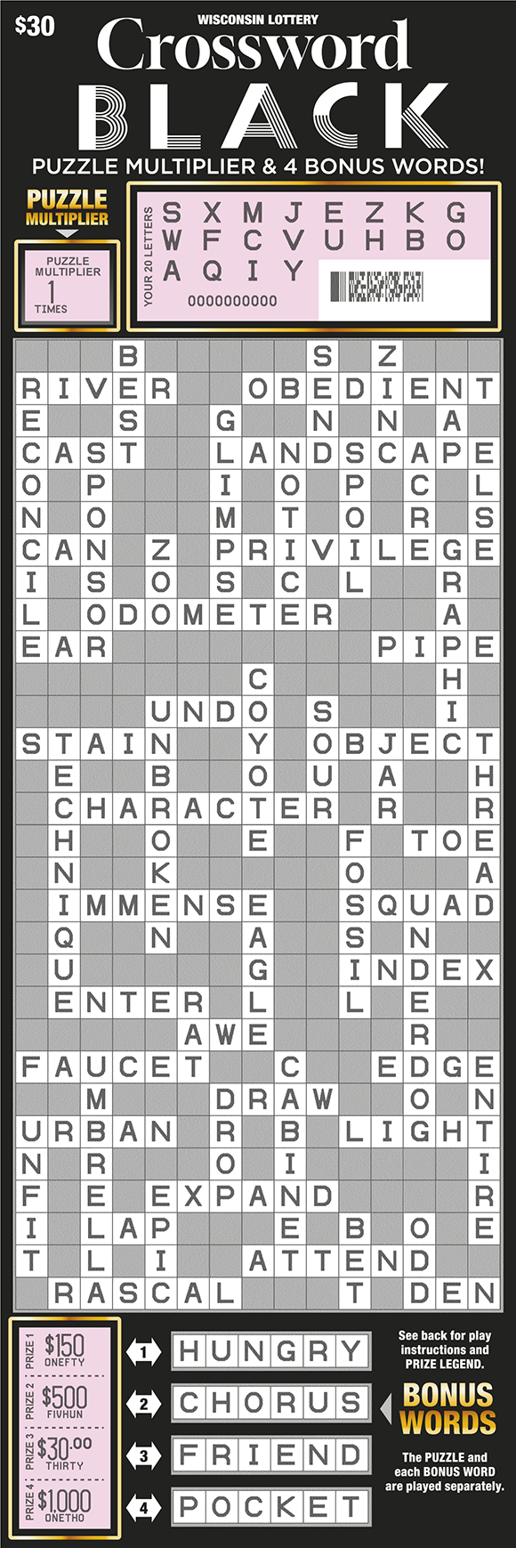 Crossword Black WI Scratch Game - Scratched Wisconsin Scratch Game, Crossword Black, scratched.