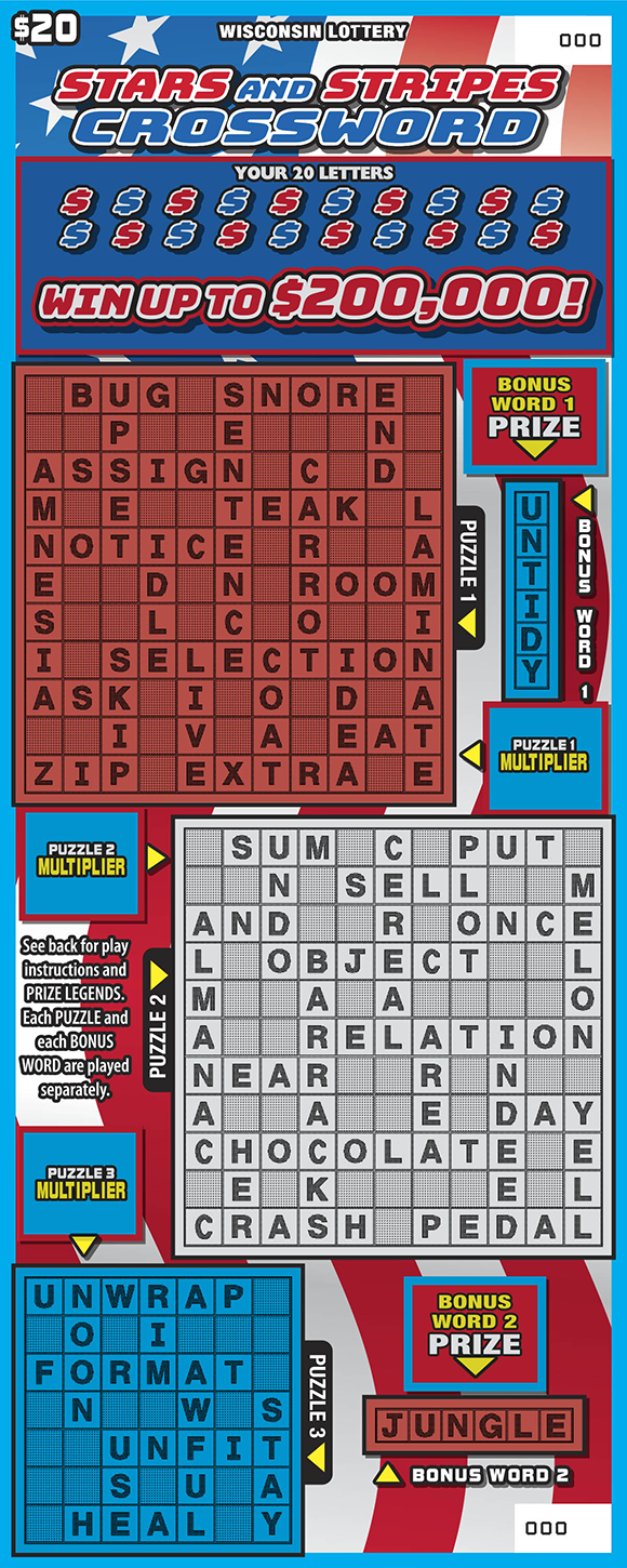 Stars and Stripes Crossword WI Scratch Game Wisconsin Scratch Game, Stars and Stripes Crossword.
