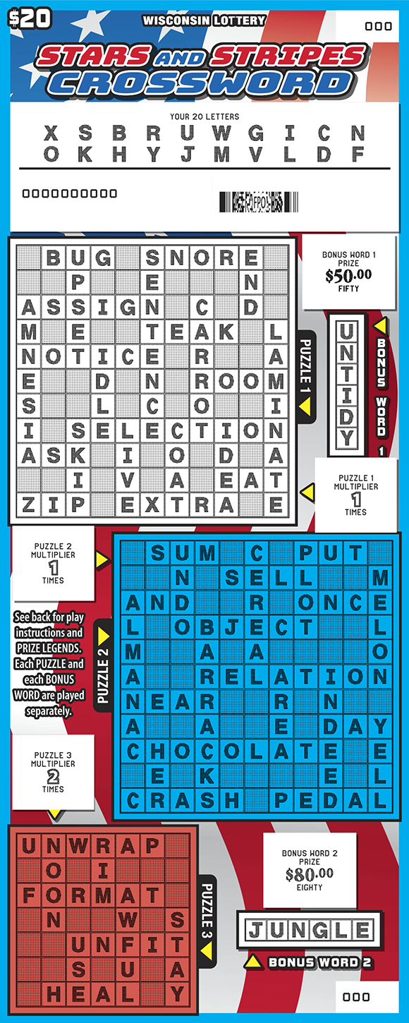 Stars and Stripes Crossword WI Scratch Game - Scratched Wisconsin Scratch Game, Stars and Stripes Crossword, scratched.