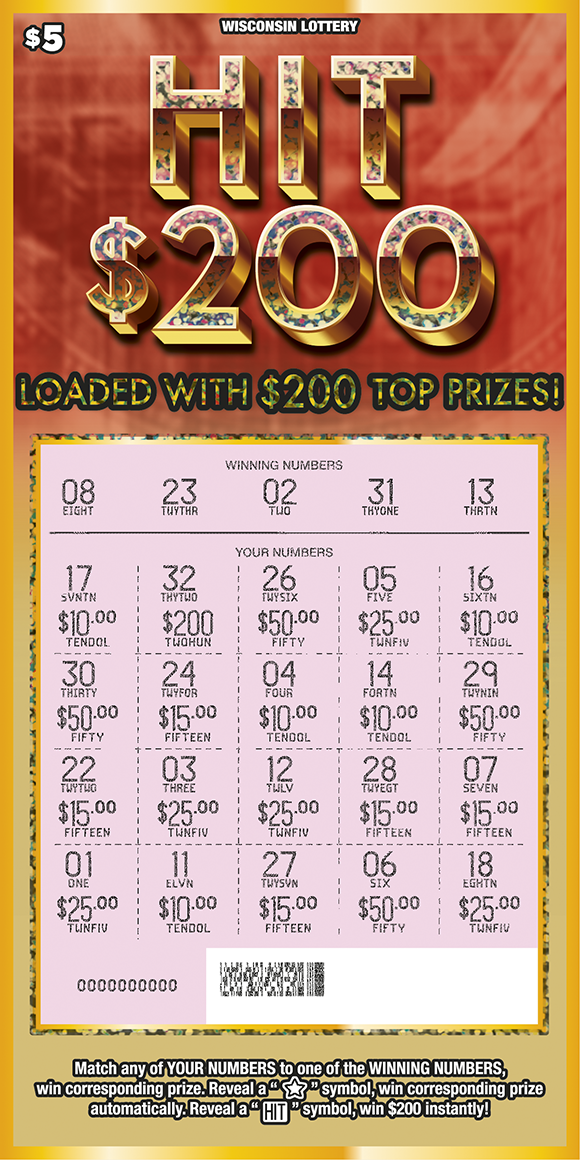 Wisconsin Scratch Game, Hit $200 ticket art, scratched.