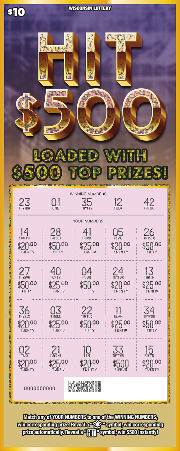 Wisconsin Scratch Game, Hit $500 ticket art, scratched.