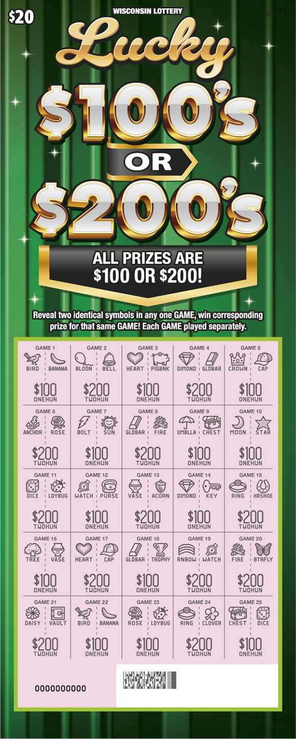 LUCKY $100S OR $200S WI Scratch Game - Scratched Wisconsin Scratch Game, LUCKY $100S OR $200S ticket art, scratched.