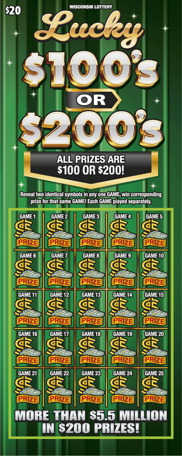 Wisconsin Scratch Game, LUCKY $100S OR $200S ticket art.