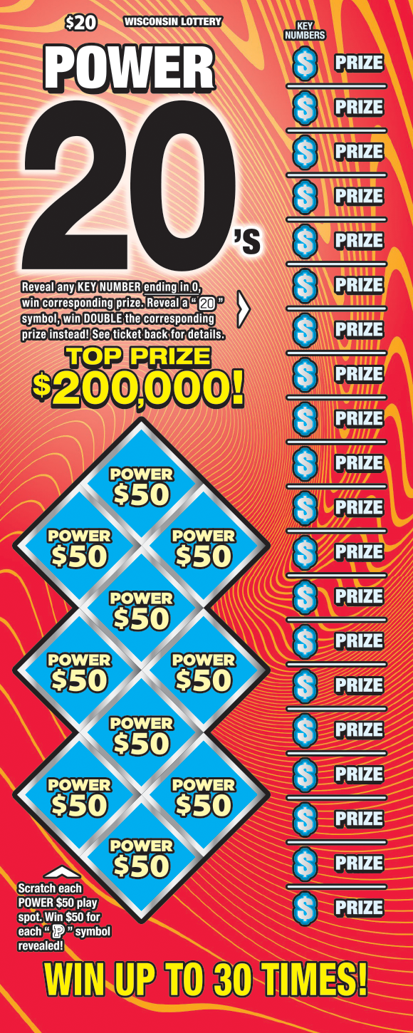 Wisconsin Scratch Game, Power 20s ticket art.
