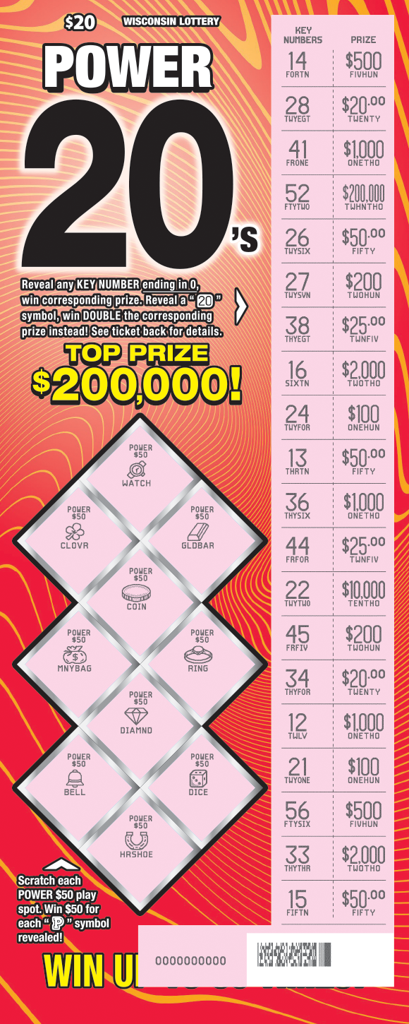 Power 20s WI Scratch Game - Scratched Wisconsin Scratch Game, Power 20s ticket art, scratched.