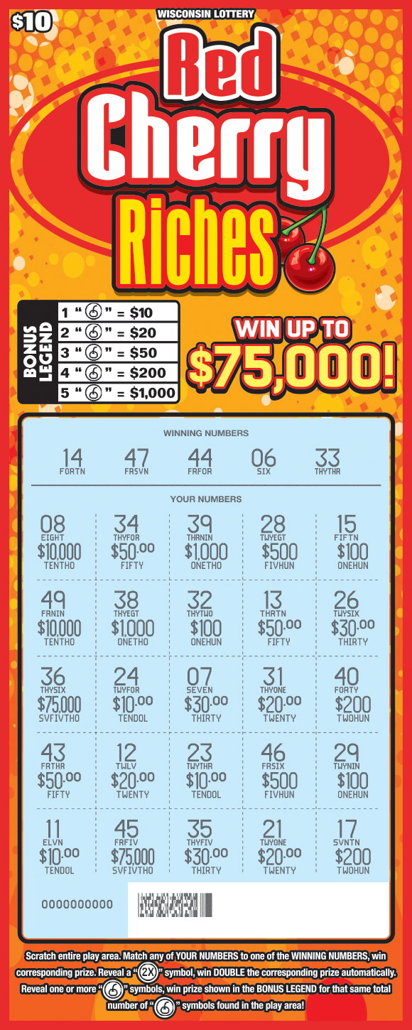 Red Cherry Riches WI Scratch Game - Scratched Wisconsin Scratch Game, Red Cherry Riches ticket art, scratched.