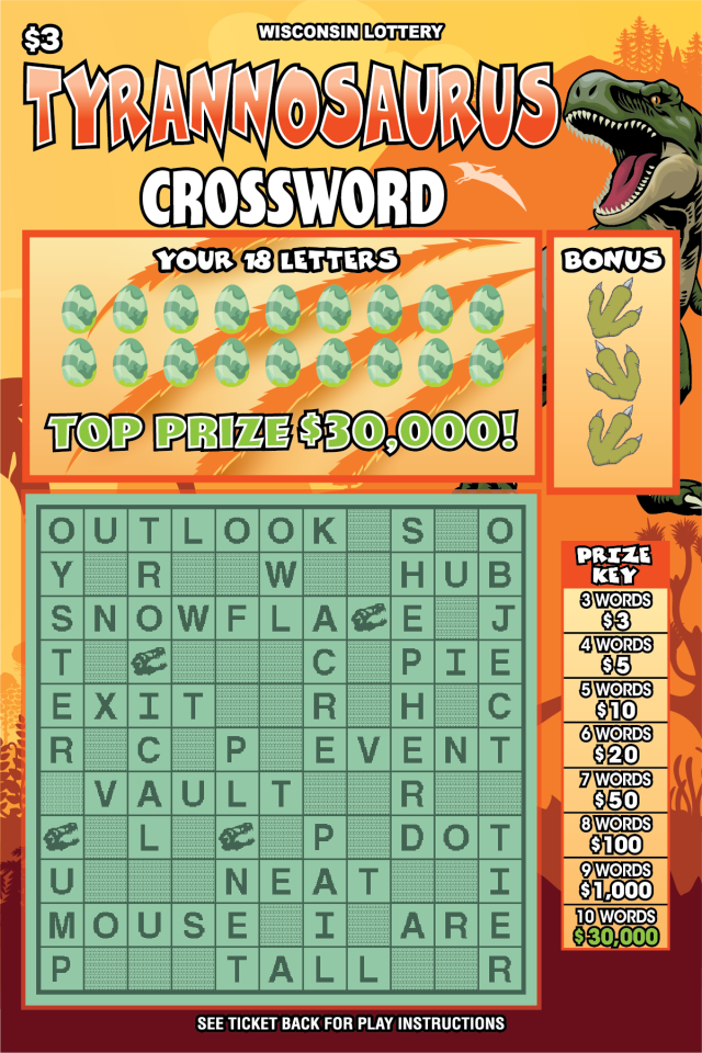 Tyrannosaurus Crossword WI Scratch Game Wisconsin Scratch Game, Tyrannosaurus Crossword.