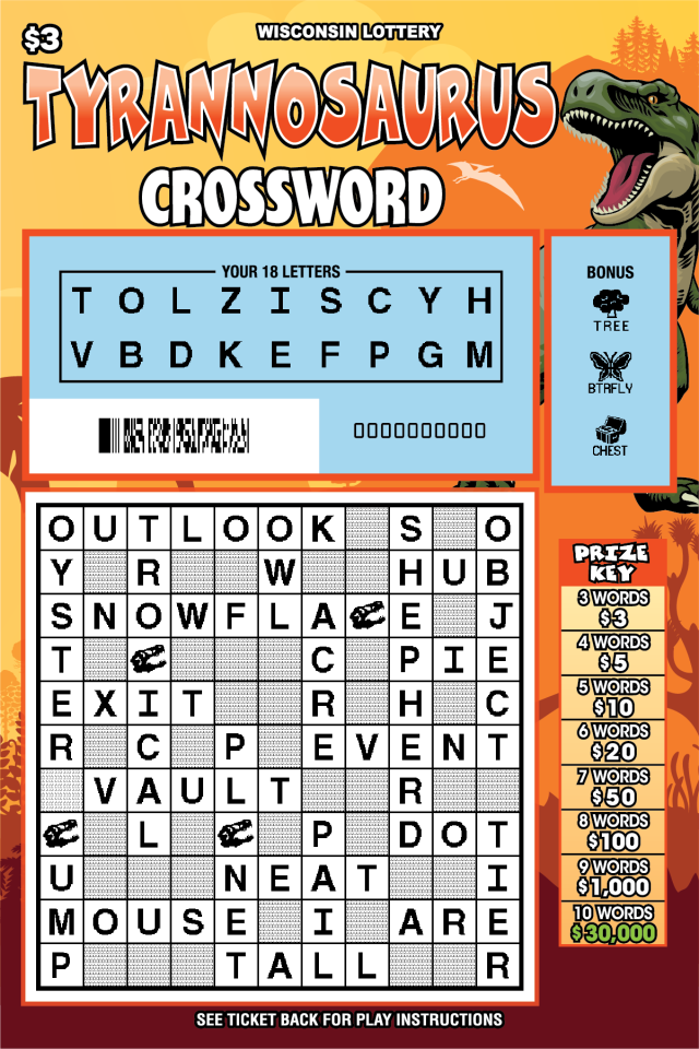 Tyrannosaurus Crossword WI Scratch Game - Scratched Wisconsin Scratch Game, Tyrannosaurus Crossword, scratched.