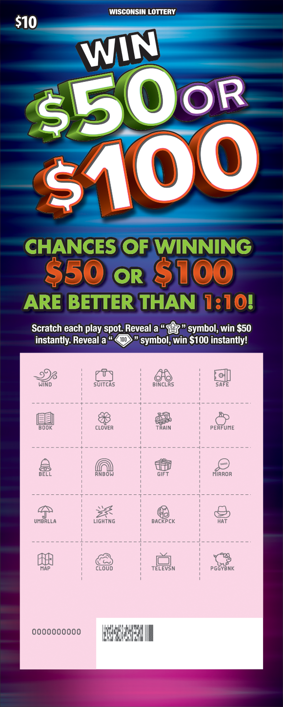 Win $50 or $100 WI Scratch Game - Scratched Wisconsin Scratch Game, Win $50 or $100, scratched.