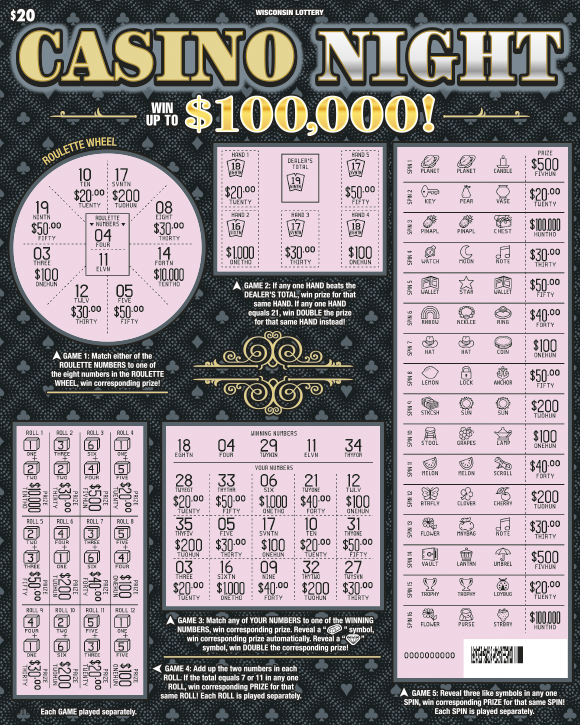 Wisconsin Scratch Game, Casino Night, scratched.