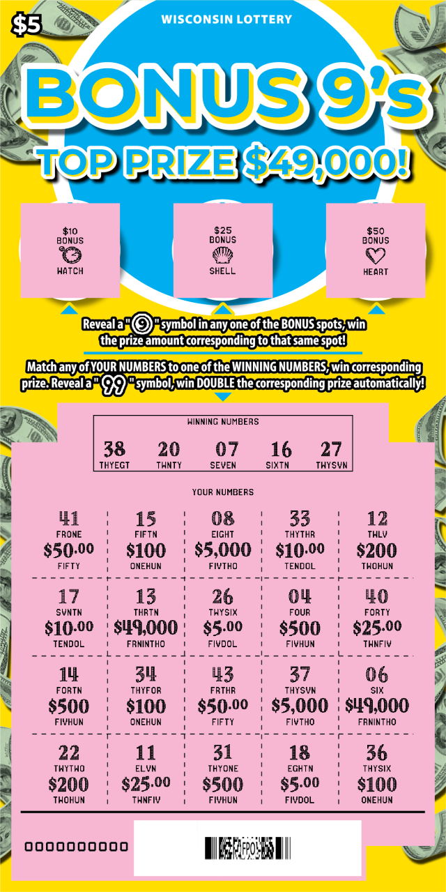 Wisconsin Scratch Game, Bonus 9's, scratched.