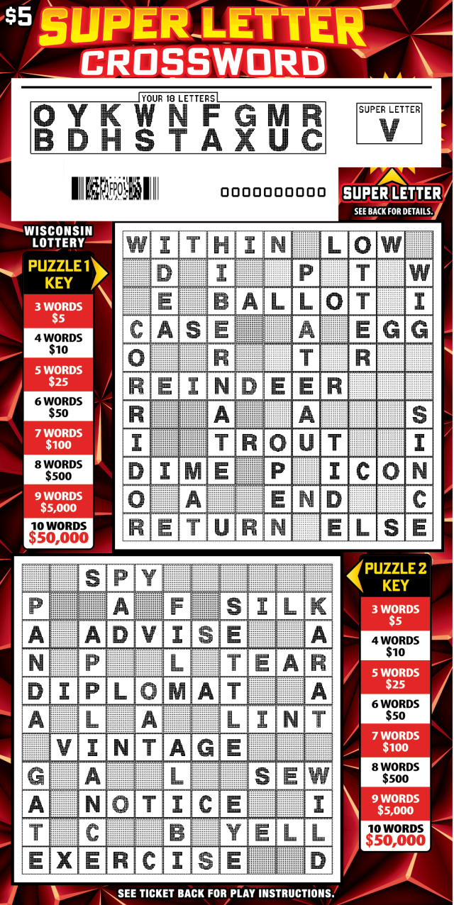 Wisconsin Scratch Game, Super Letter Crossword, scratched.